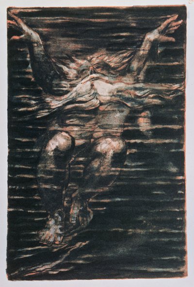 Het eerste boek van Urizen; Bebaarde man zwemt door water door William Blake